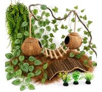 Reptile Tank Accessories, Natural Double Coconut Hide with Climbing Ladder, Flexible Gray Vine, Wooden Bridge & Hanging Plants Terrarium Decor Set for Crested Gecko Leopard Gecko Lizards,Tree Frogs
