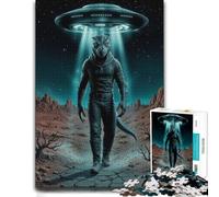 Reptilian Alien Under UFO Beam Decorative Jigsaw Puzzle for Adults, 500 PCS