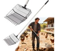 Reptilux Heavy Duty Chicken Poop Scooper Adjustable Long Handle - Stainless Steel Sifter Shovel for Sand & Hemp Bedding - Metal Coop Scoop Rake - Chicken Accessories for Poultry, Dog & Cat Litter