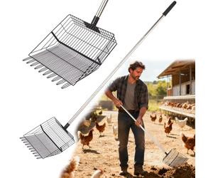 Reptilux Heavy Duty Chicken Poop Scooper Adjustable Long Handle - Stainless Steel Sifter Shovel for Sand & Hemp Bedding - Metal Coop Scoop Rake - Chicken Accessories for Poultry, Dog & Cat Litter