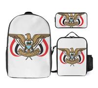 Republic Of Yemen National Emblem Printed School Backpack Set Lunch Bag And Pencil Case 3-Piece School Bags Teens Girls Boys Primary Junior Middle Water Resistant Lightweight Bookbag Travel Rucksack