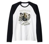 Republica Dominicana Vintage Art with Coastal Fort and Map Raglan Baseball Tee