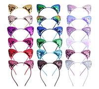 REQO 18 Pieces Cat Ears Headbands Set,Cute Glitter Cat Head Accessories, Flashing Girls Sequins Headdress Party Supplies For Night Clubs, Raves, Concert Party,Christmas,Halloween,Adults,Kids,child