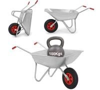 REQUISITE NEEDS 65L Garden Cart Wheelbarrow, Galvanised, Silver, Pneumatic Tyre 100KG Capacity