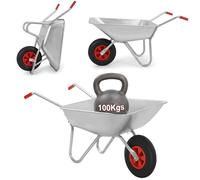 REQUISITE NEEDS 65L Garden Cart Wheelbarrow, Galvanised, Silver, Pneumatic Tyre 100KG Capacity