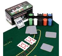 REQUISITE NEEDS Professional Poker Set with Mat, Casino Texas Hold'em and Blackjack Games - 200 Chips, Cards in Tin Box