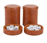 RERIVER Brown PU Leather Dice Cup with Lid, Velvet Interior Quiet Dice Shaker Cup with 6 Dice for Liars Dice/Farkle/Yahtzee Games, 2 Pack