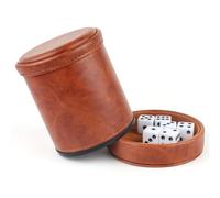 RERIVER Brown PU Leather Dice Cup with Lid, Velvet Interior Quiet Dice Shaker Cup with 6 Dice for Liars Dice/Farkle/Yahtzee Games, 1 Pack