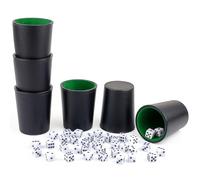RERIVER Felt-Lined PU Leather Dice Cup Set, 6 Quiet Dice Shaker Cups with 36 Dices for Bar Party Yahtzee Farkle Dice Games, Black and Green