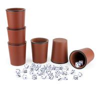RERIVER Felt-Lined PU Leather Dice Cup Set, 6 Quiet Shaker Cups With 36 Dice for Bar Party Yahtzee Farkle Games, Dark Brown