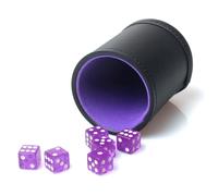 RERIVER PU Leather Dice Cup Set, Purple Velvet Interior Dice Cup Shaker Quiet with 6 Purple Translucent Dice for Liars Dice/Farkle/Yahtzee Games, 1 Pack