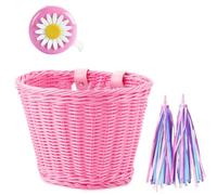 Rersduyt 1Set Rattan Wicker Bicycle Front Basket+Bell+Tassel+Stickers Adjustable Handwoven Adult Bike Handlebar Accessories Pink