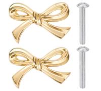 Rersduyt 2pcs Gold Brass Bow Dresser Knobs, Vintage Bow Shape Drawer Pull Handles for Cabinet, Wardrobe, Kitchen