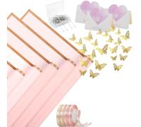 Rersduyt 40 Sheets Flower Wrapping Paper with 4 Rolls Flower Ribbons, 20 Cards, 36 Pcs 3D Gold Butterflies,Pink