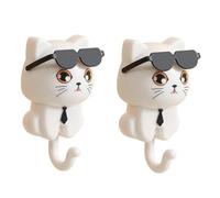 Rersduyt Cute Cat Key Hook, Cat Keychain, Kitten Coat Hook, Cute Sunglasses Cat Sticky Coat Hook, Coat Wall Hook White