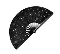 Rersduyt Folding Glitter Rave Fan withLeg Strap andFabric Case Bag forEDM,Festival,Club,Party,Dance Black