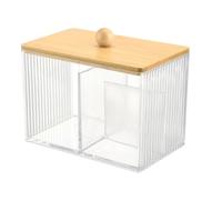 Rersduyt Qtip Holder Bamboo Lid Desktop Cosmetic Storage Box 3 Compartments Cotton Ball Swabs Dispenser