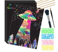 Rersduyt Scratch Paper Art Set Replacement Spare Parts 50 Sheets 8x11in Rainbow Coated Scratchboard Large Scratch Paper with Wooden Styluses and Stencils