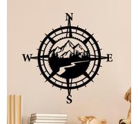 Resama Black Metal Mountain Nautical Compass Wall Decor, Forest Décorative Indoor or Outdoor Wall Hanging Art Perfect for Beach Coastal Themes