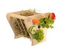 Resch No42 Natural Solid Spruce Wood with Perforated Wall and Round Rods for Putting or Hanging Snacks / Large Hay Rack Accessible from Two Sides / 24 x 21.5 x 20 cm (L x H x W)