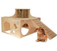 Resch Nr45 Hay Burg, Natural Solid Spruce Wood with Two Levels of Hay Rack, Two Large Entrances/Outlets and One Ramp to the Terrace, Dimensions: 43.4 x 66.5 x 35 cm (L x W x H)