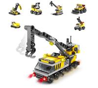 Rescue Construction Truck Building Blocks Set - 7 in 1 Engineering Vehicle Toy with Rotating Crane Arm, Rolling Wheels | STEM Educational Gift for Kids Ages 6-12 | Fire Truck & Emergency Playset
