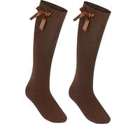 reshmena® 1 Girls Knee High School Socks Cotton Socks with Fluffy Ribbons Bow Back to School Socks Uniform Party Wear Socks Kids Long Socks 9-12 Brown KHB