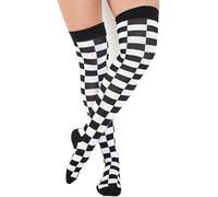 reshmena® 1 Womens Checkered Over The Knee Socks Girls Over the Knee Striped Black & White Checker Socks Fancy Dress Cosplay Christmas Party Long Socks B/W Checkered