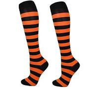 reshmena® 1 Womens Striped Knee-High Socks Girls Bright long Socks Ladies Stripe Knee High Socks Girls Party Stripy Knee High Socks Size 4-6 Black & Orange