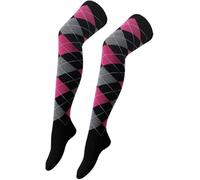 reshmena® 2 OTK Women Over the Knee Argyle Socks Girls Argyle Over the Knee Socks Argyle Thigh Socks Party wear cosplay daily wear Thigh Sock Argyle (Pink&Grey)