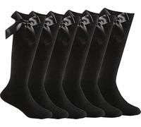 reshmena® 6 Girls Knee High School Socks with Bow Detail Multipack Cotton Sock,s with Silky Ribbon Bow Back to School Uniform Socks Party Wear Long Sock's (Pack 6) Pairs