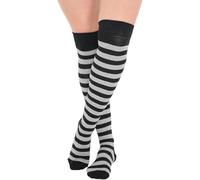 reshmena® Women's Striped Over the Knee Socks Long Striped Socks Ladies Stripe Socks Girls Over The Knee Stockings Leg Warmer Socks Xmas Party Sock Size 4-6 Black & Grey