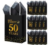 Resholder 20 Pack Cheers to 50 Years Gift Bags with Handle 50th Birthday Gift Bag Party Favors with Tissue Paper Black and Gold Paper Goodie Treat Bag Presents Birthday Anniversary Wedding Supplies