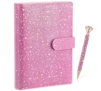 Resholder A5 Rhinestone Notebook Binder and Rhinestone Pen Sets Crystal Pens Diamond Bling 6 Ring Budget Binder Refillable for Paper, Loose Leaf Personal Planner with Magnetic Buckle, Pink