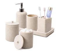 Resin 6 Pcs Beige Bathroom Set - Toothbrush Holder, Soap Dispenser, 2 Qtip Holders, Vanity Tray, Tumbler - Countertop Organizer Accessories