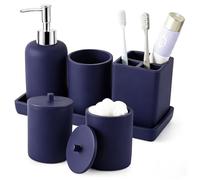 Resin 6 Pcs Navy Blue Bathroom Set Complete with Toothbrush Holder, Lotion Soap Dispenser, 2 Qtip Holder Dispensers,Vanity Tray,Bathroom Tumbler - Countertop Vanity Organizer - Bathroom Accessories