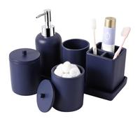 Resin 6 Pcs Navy Blue Bathroom Set Complete with Toothbrush Holder, Lotion Soap Dispenser, 2 Qtip Holder Dispensers,Vanity Tray,Bathroom Tumbler - Countertop Vanity Organizer - Bathroom Accessories