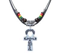 Resin Ankh Ancient Egyptian Coptic Cross Pendant Necklace Rasta Hippie Pendant Necklace Double Layers Wood Beaded with Adjustable Black Cord Mens Womens, 20, Wood, No Gemstone