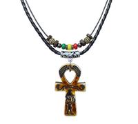 Resin Ankh Ancient Egyptian Coptic Cross Pendant Necklace Rasta Hippie Pendant Necklace Double Layers Wood Beaded with Adjustable Black Cord Mens Womens, 20, Wood, No Gemstone
