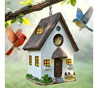 Resin Bird House for Outside, Hanging Fairy Cottage Style Birdhouse, Decorative Outdoor Bird Nest Shelter for Cardinal, Bluebird & Backyard Wild Birds