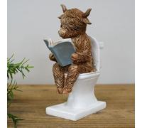 Resin Brown Highland Cow on the Loo Bull Decorative Sculpture Ornament Statue Fun Gift Home Decor