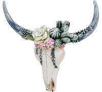 Resin Bull Cow Skull Head Wall Hanging Decor Succulent Flower Cow Skull Wall Decoration 3D Animal Sculpture Figurines Crafts Ornament Home Room Nordic Style Artwork Props 7.87inch
