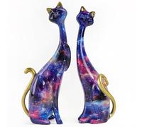Resin Cat Statues Set of 2, Medieval Cat Decor, Starry sky Cat Statue 9.6-Inch, Cat Figurines Ornaments, Resin Art Sculptures, Cat Couple Statue for Bookshelf & Desktop (Strarry Sky in Dreamland)