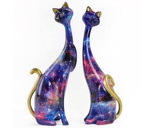 Resin Cat Statues Set of 2, Medieval Cat Decor, Starry sky Cat Statue 9.6-Inch, Cat Figurines Ornaments, Resin Art Sculptures, Cat Couple Statue for Bookshelf & Desktop (Strarry Sky in Dreamland)