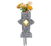 Resin Cemetery Vase with Solar Light, Cross-Design Grave Flower Holder with Ground Spike for Outdoors, Memorial Sympathy Gift for Loved Ones' Graves