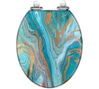 Resin Decorative Toilet Seat, Quiet Close, Quick Release, for Bathroom | Marbled blue abstract golden sequins liquid marble design, comes with seat cover, easy to install, fits most standard toilets