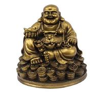 Resin Fengshui Figurine Laughing Buddha Sitting On Luck Money Coins Carrying Golden Ingot For Good Luck & Happiness