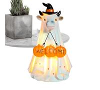Resin Ghost Cow Sculpture Statue - Light Up Spooky Ghost Animal Decor | Funny Halloween Cow Figurine | Welcome Sign Outdoor and Indoor Decorations for Table, Mantel, Yard, Haunted House, Window