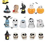 Resin Halloween Ornaments, 16 Pcs Mini Figurines, Embellishments - Ghost, Witch Hat, Pumpkin, Assorted Miniature Accessories for Home, Outdoor, Garden Decoration