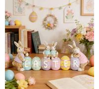 Resin Happy Easter Tabletop Decorations,Colorful Easter Eggs Bunny Figurines Spring Holiday Table Centerpieces Figurine for Home Tiered Tray Decorations